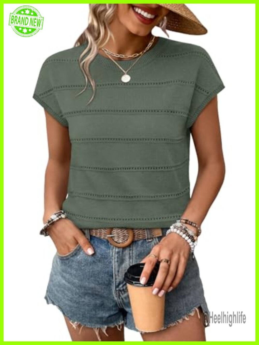 Womens Lightweight Hollow Out Knit Sweater Cap Sleeve Scoop Neck Top